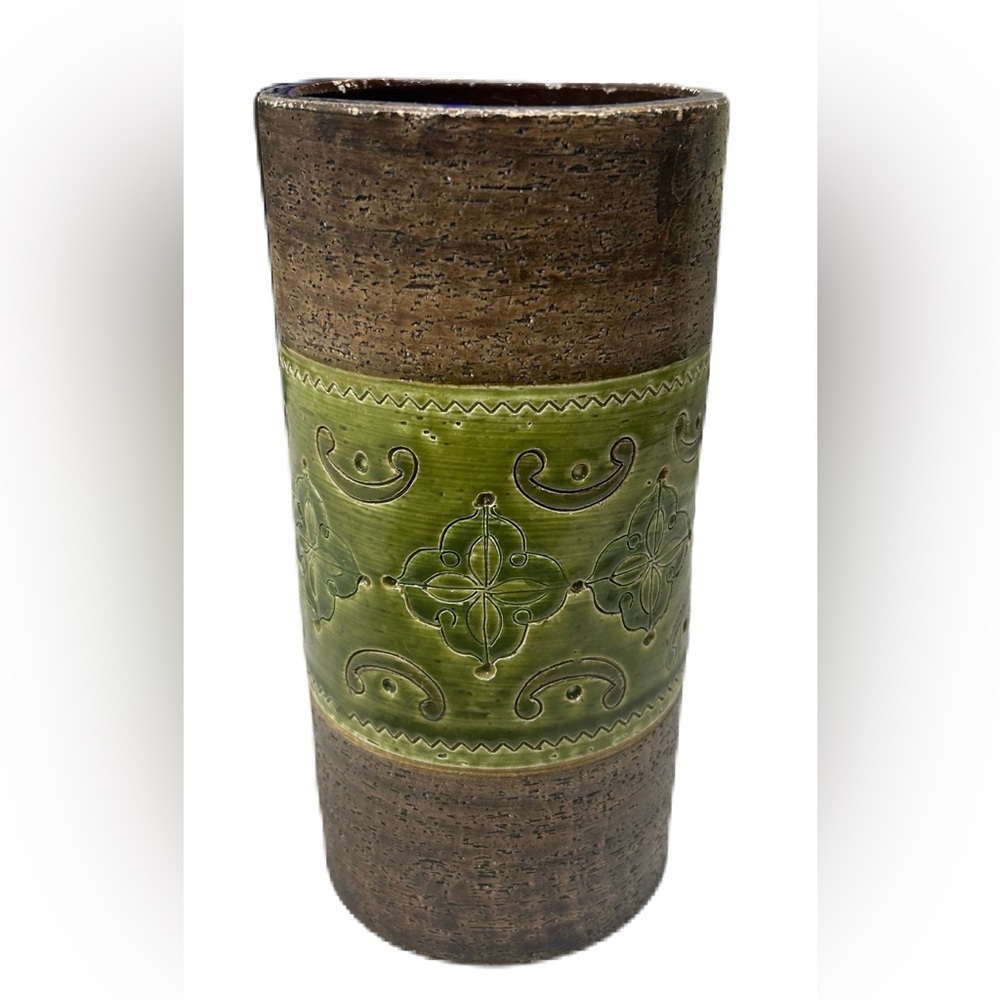 Bitossi Carta Fiorentina 8.5” Vase by Aldo Londi Italy Ceramic MCM Brown Green